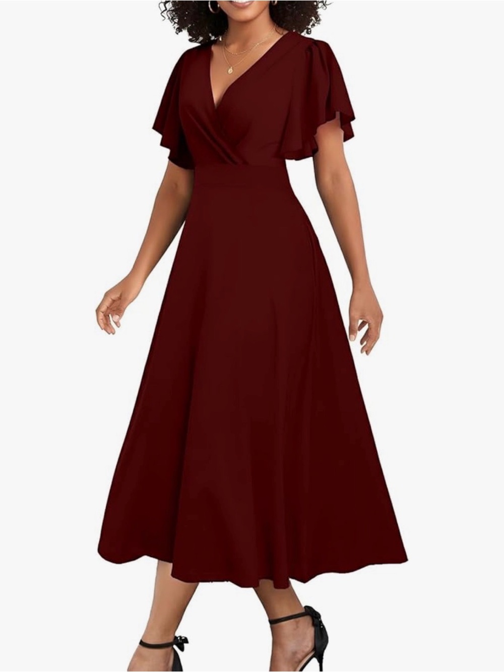 Elegant Deep Wine V-Neck A-Line Midi Dress - Picture 2 of 4